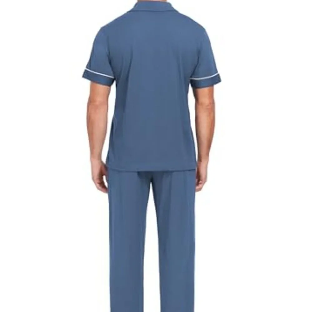 Men's Cotton Pajama Set Short Sleeve Button Down Lounge Sleepwear Classic Comfy